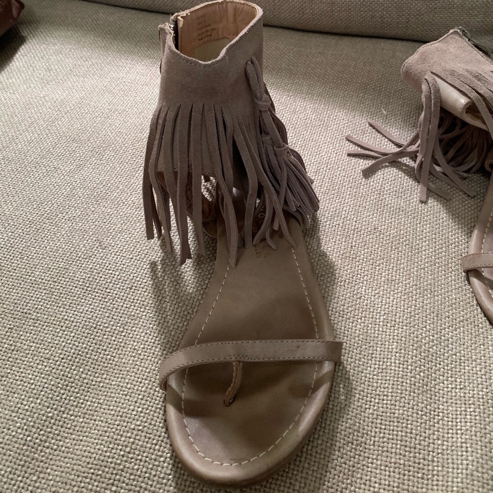 Tan fringe sandals
